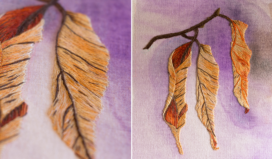 peinture à l'aiguille - feuille d'automne - modèle de Sarah Homfray - réalisation Marie Hébert